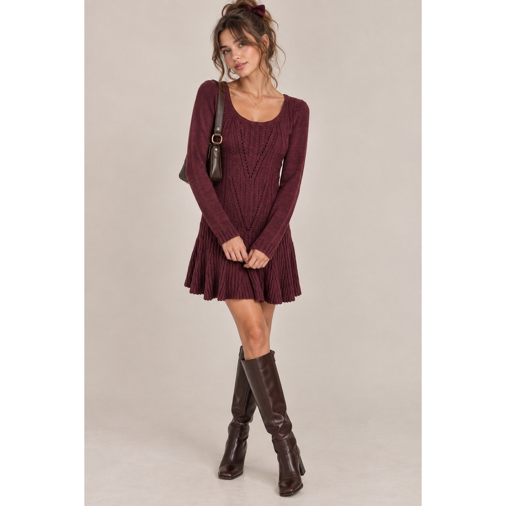 Victorias Secret Sweater Dress S Burgundy Pointelle Knit 2010s Romantic Feminine